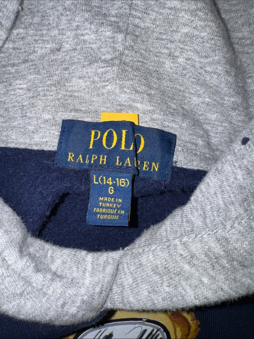 Ralph Lauren Polo Bear Size L 14-16 G Navy Hoodie with Red & Blue Sleeves